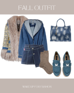 Faux fur patterned jacket, bodysuit, skirt, tote bag and denim loafers styled for autumn outfit