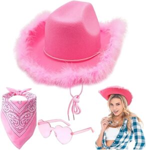 Pink cowboy hat, scarf and glasses for a cowgirl costume.