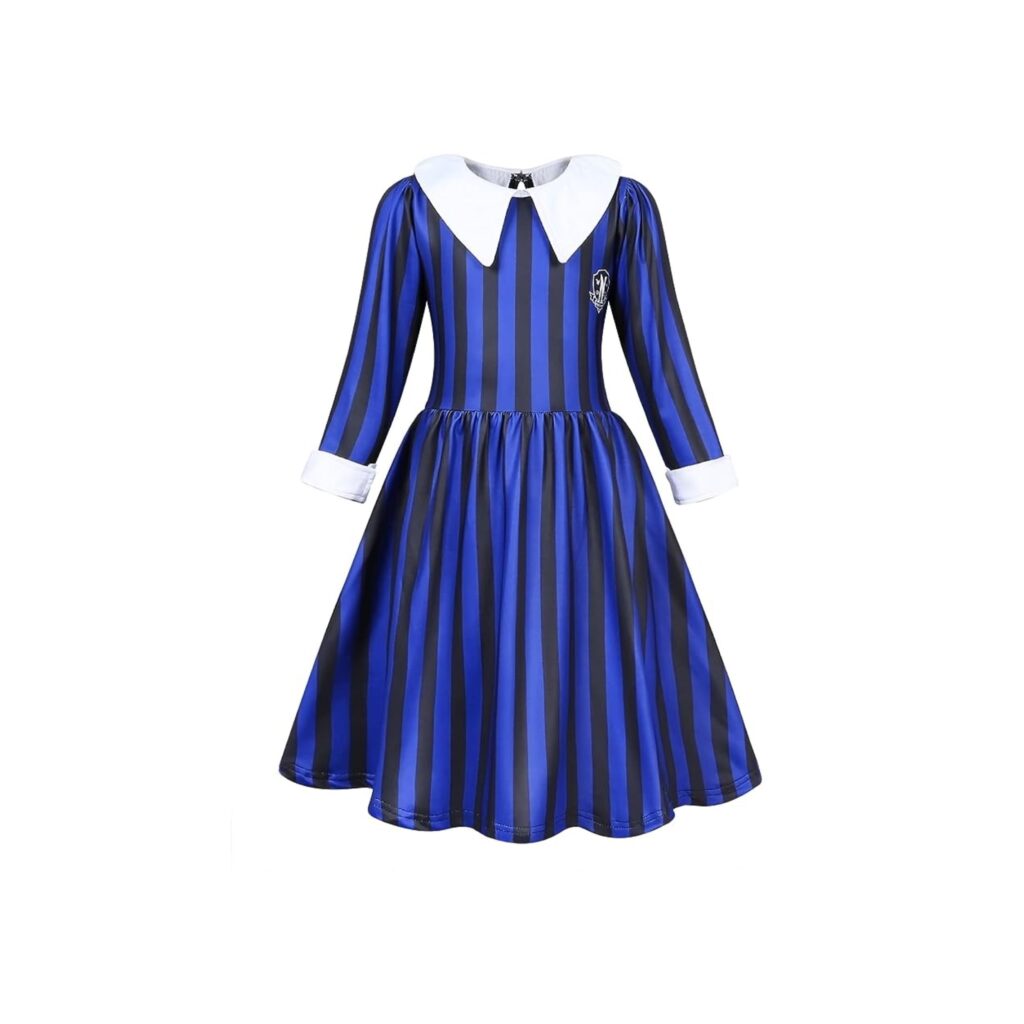 Enid from Wednesday black and blue striped school uniform costume