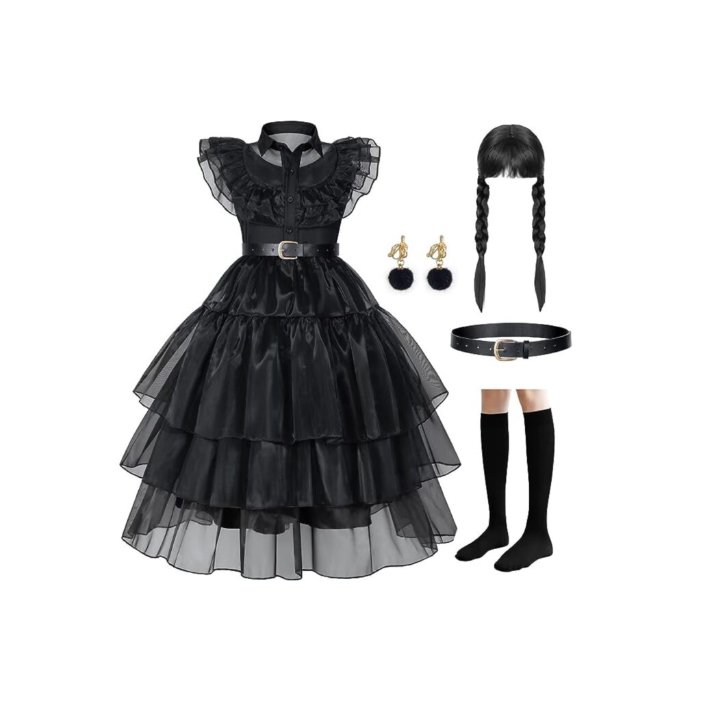 Black dress and wig for Wednesday Addams costume.