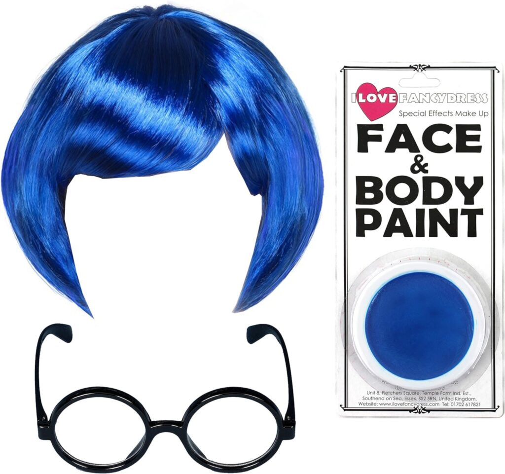 Wig and glasses for Sadness from Inside Out 2 costume.