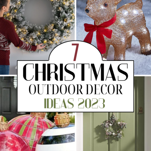 Christmas outdoor decor ideas including giant wreath, giant baubles, door wreath and light up bear.