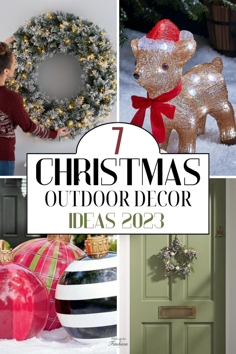 Christmas outdoor decor ideas including giant wreath, giant baubles, door wreath and light up bear.