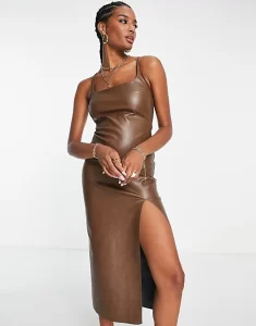 Brown leather look slip dress