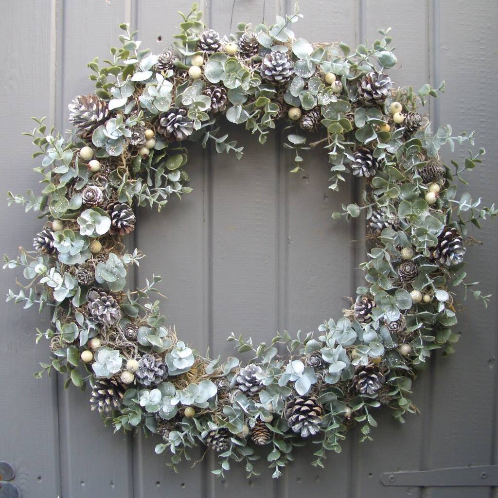 Christmas Wreath With Frosted Eucalyptus And Berries