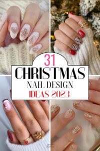 Christmas nail ideas for 2023 with reindeers, trees and candy canes.