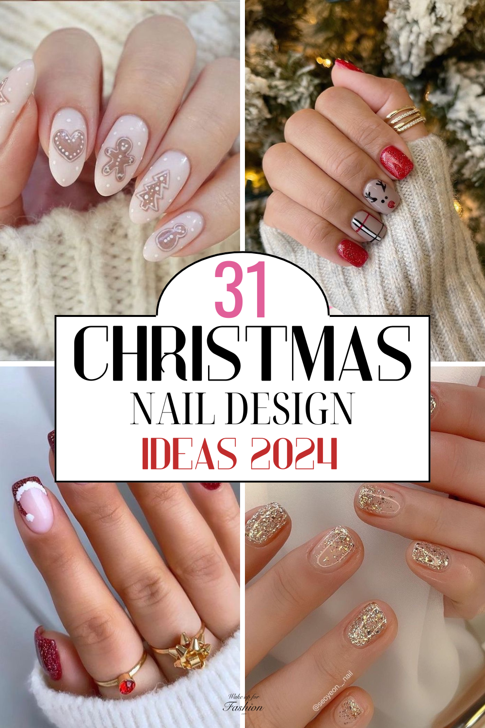 Christmas nail design ideas with gingerbreads, candy canes and tree nail art for Christmas 2024.