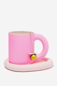 Pink mug, coaster and tea bag strainer set