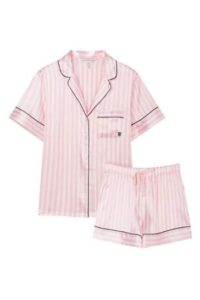 Pink and white striped satin short pyjamas