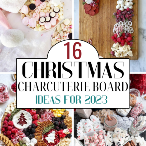 Collection of Christmas charcuterie board ideas including snowman, candy cane and hot chocolate boards