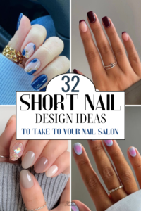 Collection of aesthetic short nail ideas with different colours and patterns.