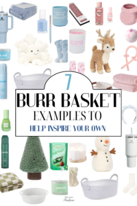 Collection of ‘burr baskets’ with christmas gift ideas including blue, pink, green and white Christmas gift baskets.