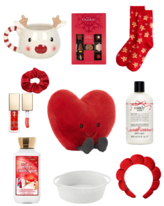 Red ‘burr basket’ with Christmas gifts including a red heart teddy, reindeer mug and red lip oil