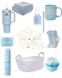 Blue burr basket including a snowflake teddy, Blue Stanley cup and other blue gifts.