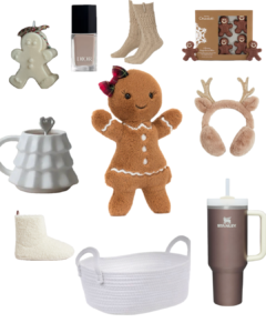 Brown Christmas gift basket with gingerbread teddy, Christmas tree mug and other gifts.