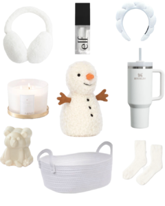 White ‘burr’ Christmas gift basket with snowman teddy, white ear muffs and other white gifts