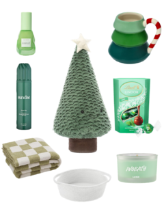 Christmas gift basket with all green gifts including Christmas tree teddy, green Christmas mug and chequered green blanket.