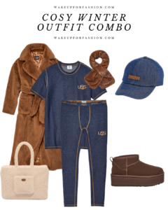 Brown UGG coat styled with blue UGG top, trousers and brown UGG boots for cosy winter outfit.