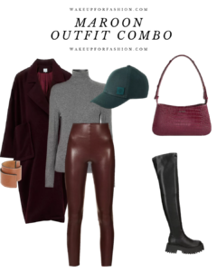 Women’s stylish maroon outfit with maroon coat, grey jumper, maroon trousers and tall black boots.