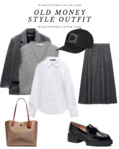 Old money style outfit for women with grey blazer, white shirt and grey skirt.