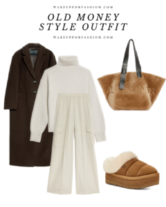 Minimalistic old money style outfit with brown coat, cream jumper, cream trousers, brown bag and brown UGGs.