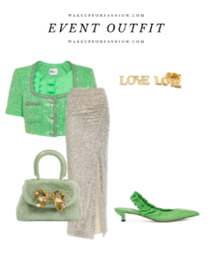 Green event outfit with cropped jacket, silver skirt, green fluffy bag, gold earrings and green heels.