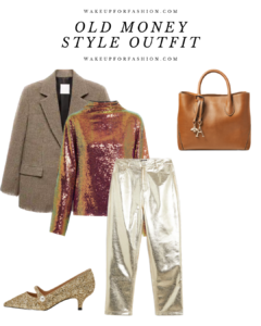 Women’s old money style outfit with brown blazer, sparkly top, shiny trousers, gold heels and brown handbag.