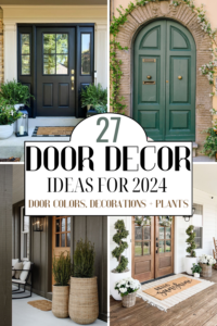 Front door decor ideas including door colors, hardware colors, decorations and plants for front door.