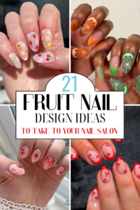 Collection of fruit nail designs including strawberry, cherry and lemon nails.