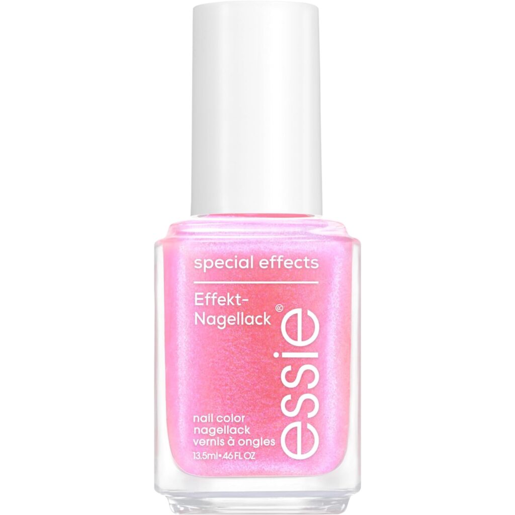 ‘Astral aura’ pink sparkly nail polish by Essie.