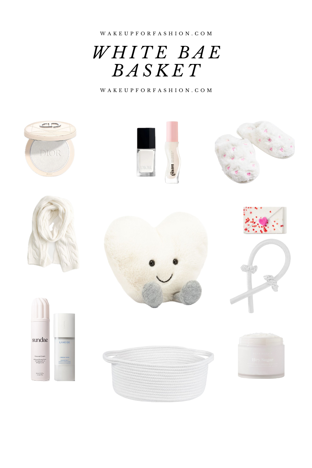 White Valentine’s gift basket with white gifts.