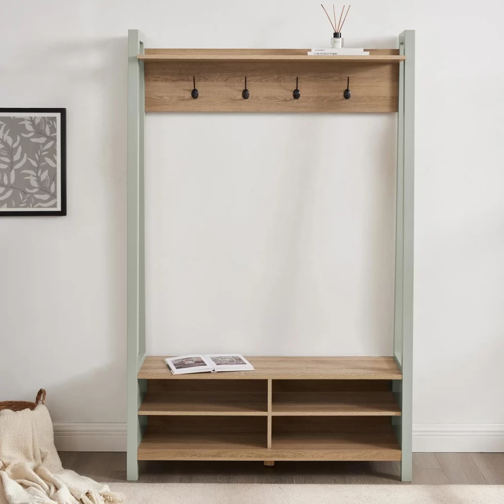 Shoe cabinet with hooks