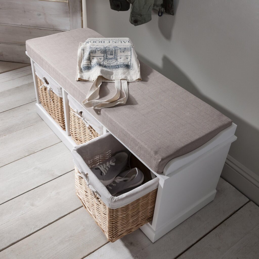 Entryway bench with storage baskets